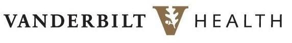 The image shows the logo of vanderbilt health, composed of the words "vanderbilt health" in a serif font, alongside a stylized "v" with a leaf motif that may represent health and vitality.