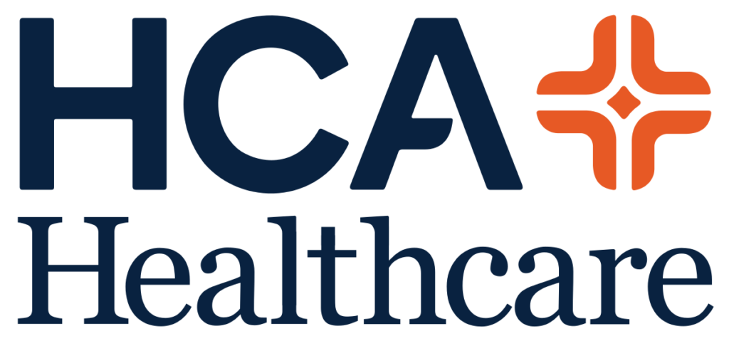 Logo of hca healthcare, featuring the company's initials in blue alongside a stylized orange cross.