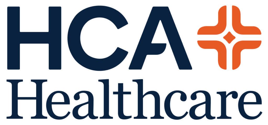 Logo of hca healthcare, featuring the company's initials in blue alongside a stylized orange cross.