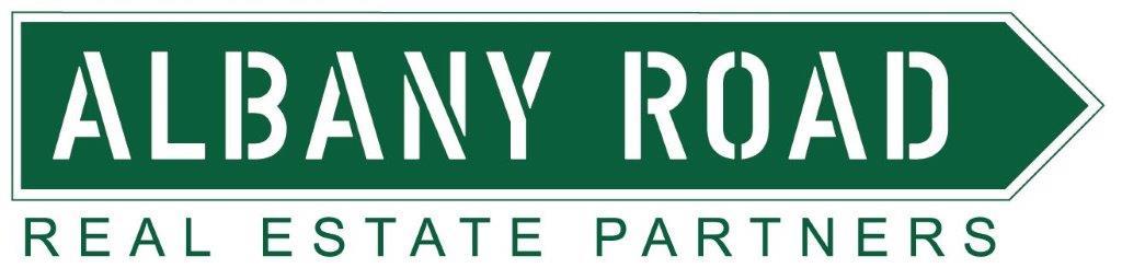 Logo of albany road real estate partners featuring a street-sign-inspired design with the company name in bold white letters against a green background.