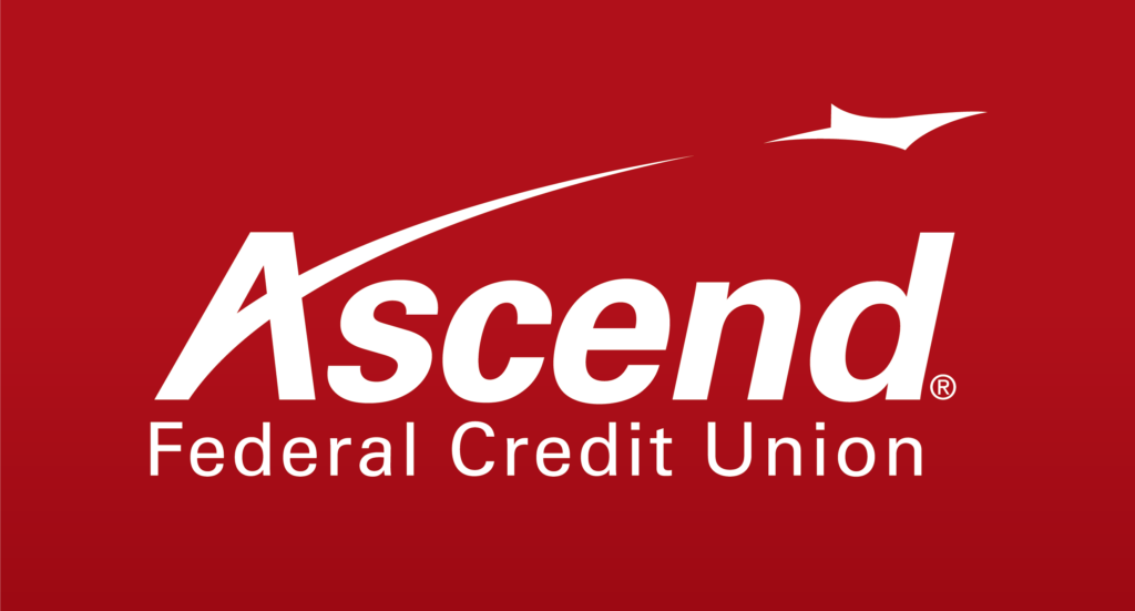 Logo of ascend federal credit union on a red background, featuring white text and a stylized white star swooshing above the letter 'd'.