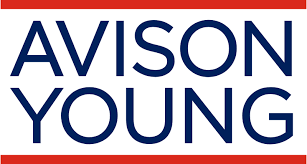 The image shows the logo of avison young, which consists of the company name in bold, capital letters in blue color, with a red underline accent under the letters "avison." the background is white, which makes the company's branding prominent and easy to read.