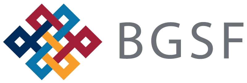 A logo featuring a geometric pattern with a series of interlocking squares in blue, red, and yellow colors on the left, and the acronym "bgsf" in grey capital letters on the right.