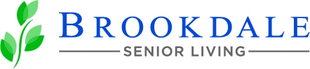 Brookdale senior living logo featuring a stylized blue text with a green leaf motif symbolizing growth and care.
