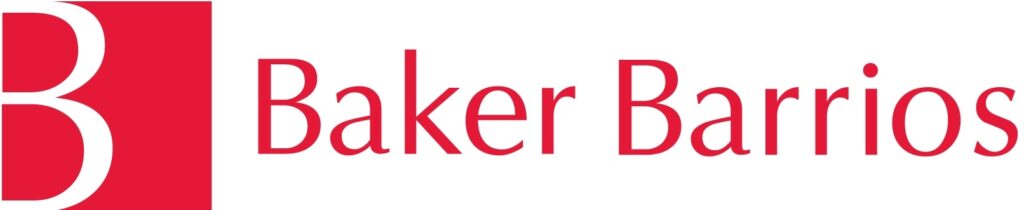 This image shows the logo of baker barrios, which is composed of a stylized red letter 'b' next to the words 'baker barrios' in black font on a white background. the logo appears to be for a company or a brand, characterized by its clean, modern design.