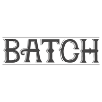 Logotype in monochrome featuring the word 'batch' with a vintage or classic typographic style.