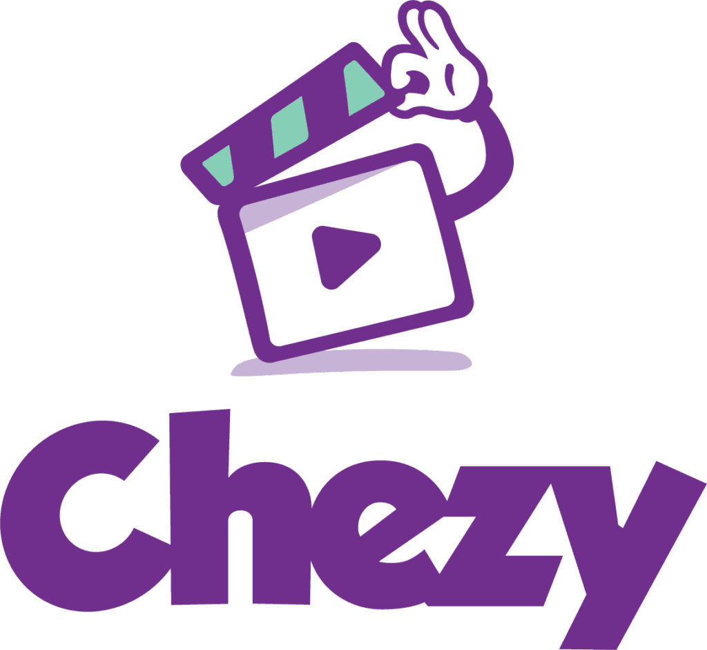 A playful logo featuring a clapperboard with a hand giving a thumbs-up gesture above it, accompanied by the stylized word "chezy" in purple.