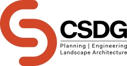 The image shows a logo consisting of a stylized orange letter 's' to the left, with the text "csdg" in bold black letters next to it. below the text "csdg", there are three words in smaller font size indicating the nature of services the entity provides: "planning | engineering | landscape architecture.