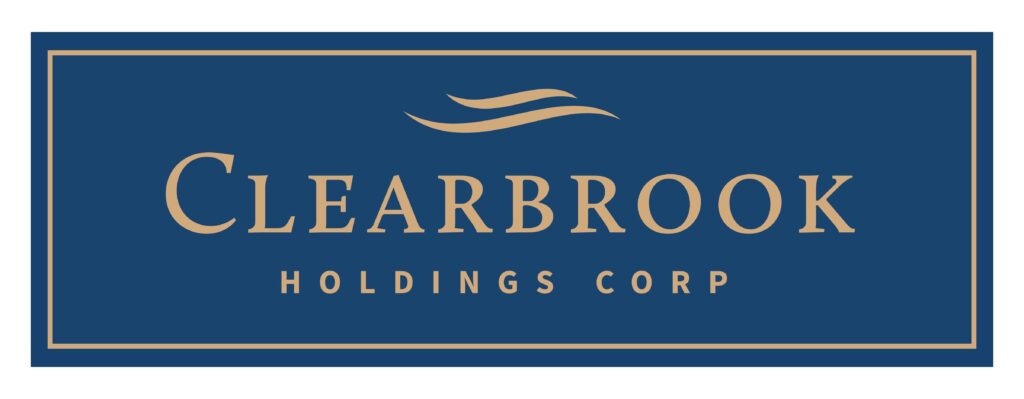 Elegant corporate logo for clearbrook holdings corp with a minimalist wave-like symbol above the brand name on a deep blue background.