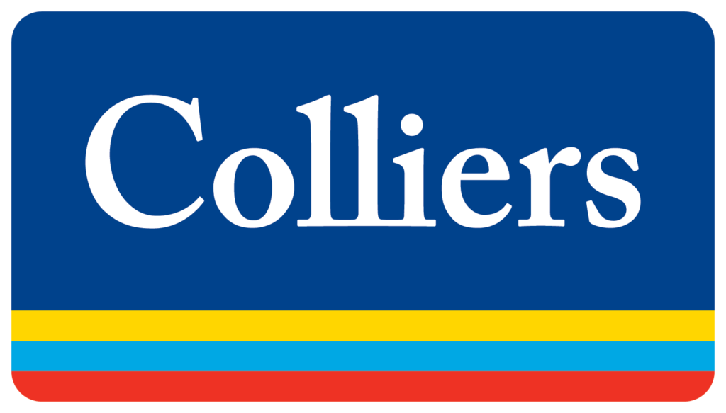 The image shows a logo containing the word "colliers" in white capital letters centered on a blue background, with a horizontal yellow stripe and a thinner red stripe below.
