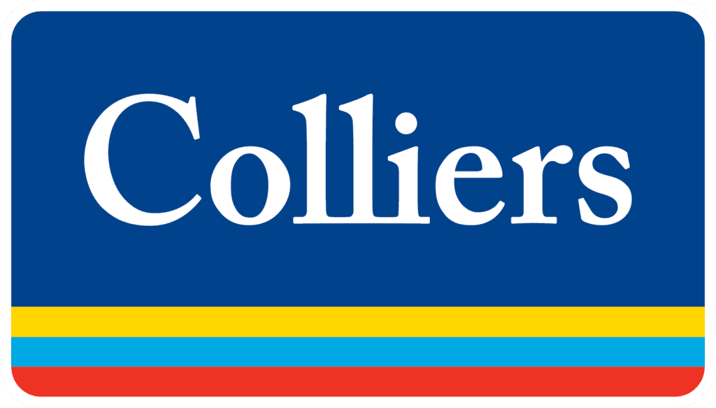 The image shows a logo containing the word "colliers" in white capital letters centered on a blue background, with a horizontal yellow stripe and a thinner red stripe below.