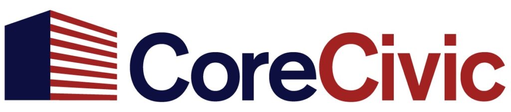 The image shows the logo for corecivic, which features stylized text and a graphic element resembling an institutional building with red and white stripes to the left of the text.