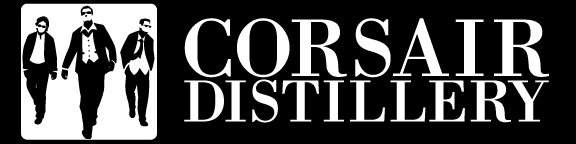 An elegant black and white logo for corsair distillery featuring stylized silhouettes of three people side by side with the company name prominently displayed.
