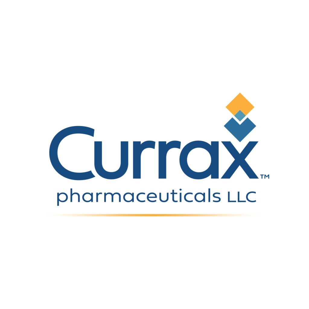 The image shows the logo of currax pharmaceuticals llc, featuring stylized text along with a graphic element composed of overlapping geometric shapes in yellow, orange, and blue colors, symbolizing innovation and connectivity in the pharmaceutical industry.