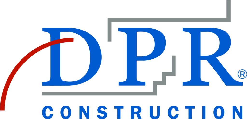 The image displays the logo of dpr construction, which features bold blue lettering with the initials "dpr" emphasized, a stylized red arc above the "p," and the word "construction" written below in smaller letters. the logo conveys a sense of stability and modernity, typical of a company in the construction industry.