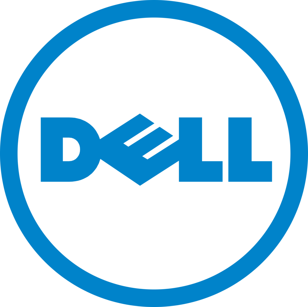 The image displays the logo of dell technologies, which consists of the word "dell" inside a circle with a slanted "e". the logo is predominantly in blue color.