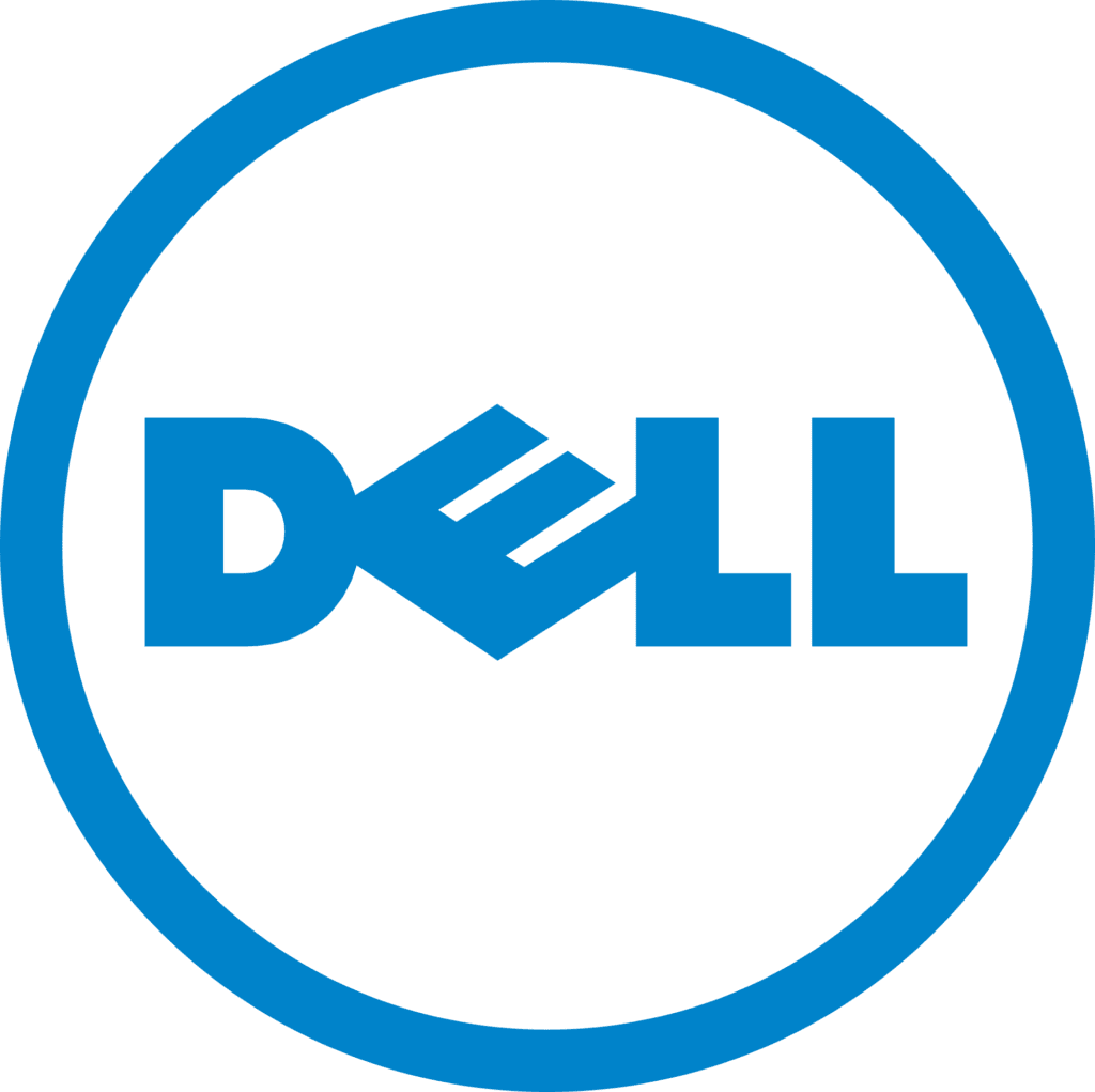 The image displays the logo of dell technologies, which consists of the word "dell" inside a circle with a slanted "e". the logo is predominantly in blue color.