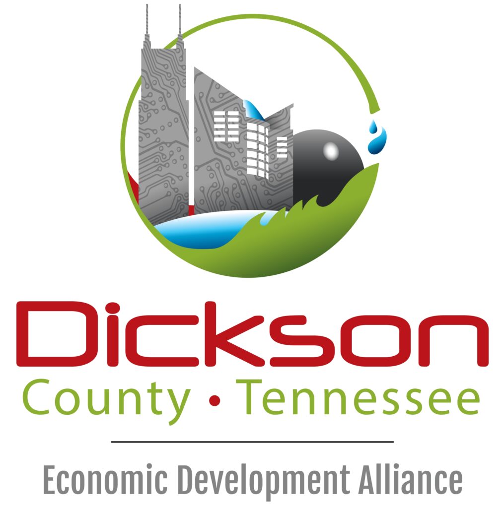 The image features a logo of the dickson county economic development alliance, representing a commitment to growth, prosperity, and sustainable development in dickson county, tennessee, with symbolic elements like buildings, water, and greenery encapsulated in a circular design.