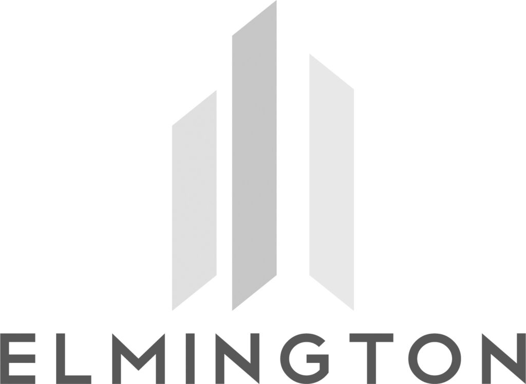 Abstract skyscraper-like logo design with the word "elmington" in a modern sans-serif font.