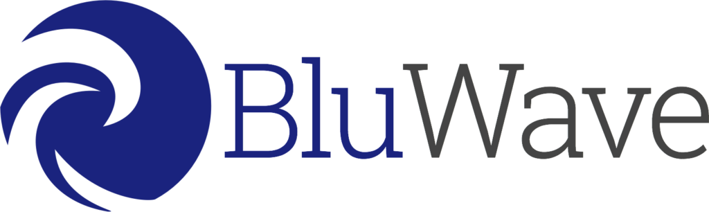 The image contains the logo for "bluwave" which features a stylized blue wave design next to the wordmark "bluwave" in blue font.