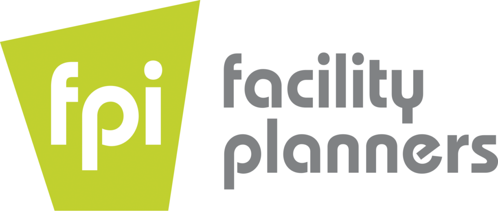The image features the logo for "facility planners inc.," abbreviated as "fpi" in white letters on a green triangular background on the left, and the full name "facility planners" written out in grey lowercase letters on the right.