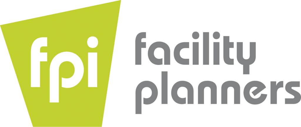 The image features the logo for "facility planners inc.," abbreviated as "fpi" in white letters on a green triangular background on the left, and the full name "facility planners" written out in grey lowercase letters on the right.