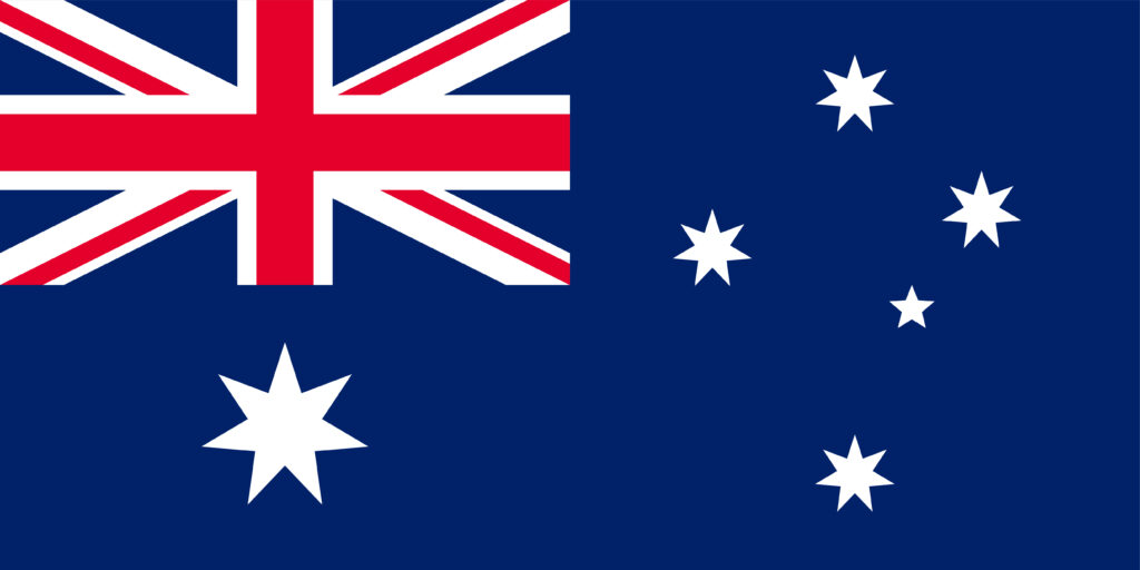 The flag of australia, featuring the union jack in the upper left corner and a constellation of white stars, known as the southern cross, on a blue field, with a white seven-pointed star known as the commonwealth star located below the union jack.