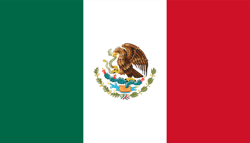 The flag of mexico featuring three vertical stripes in green, white, and red with the national coat of arms centered on the white stripe. the coat of arms depicts an eagle perched on a prickly pear cactus, holding a serpent.