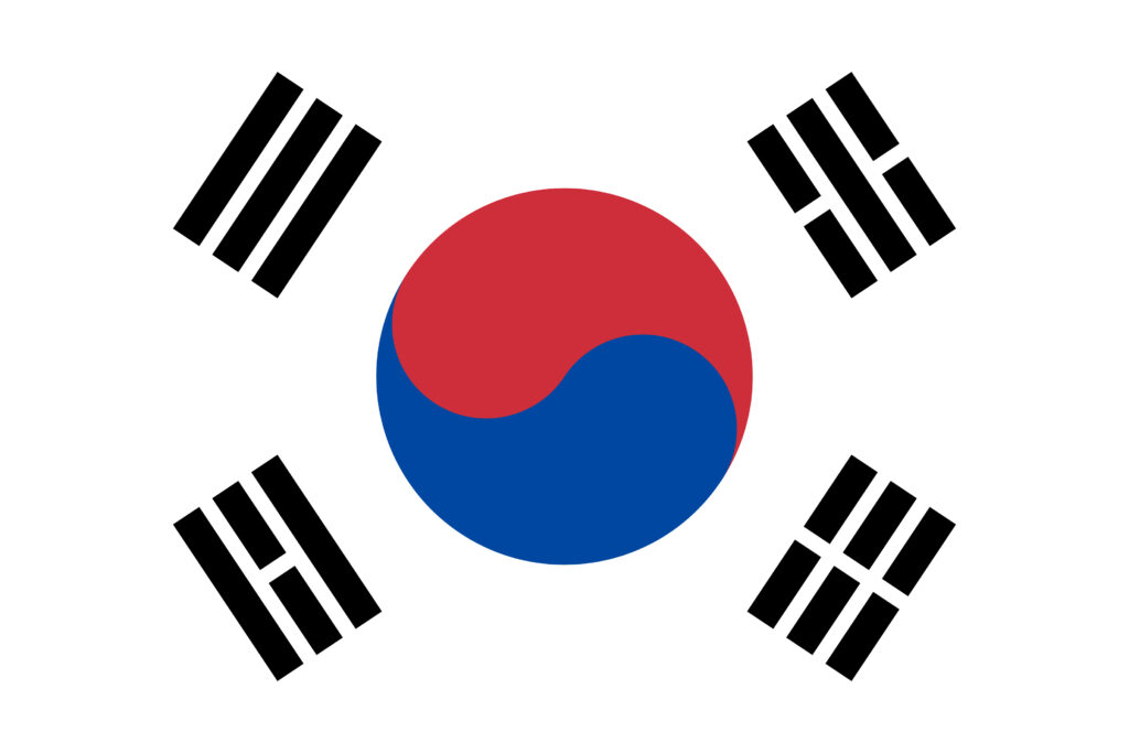 The flag of south korea, featuring a white background with a red and blue taeguk in the center and four black trigrams, one in each corner.