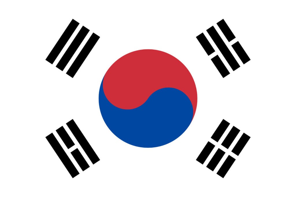 The flag of south korea, featuring a white background with a red and blue taeguk in the center and four black trigrams, one in each corner.