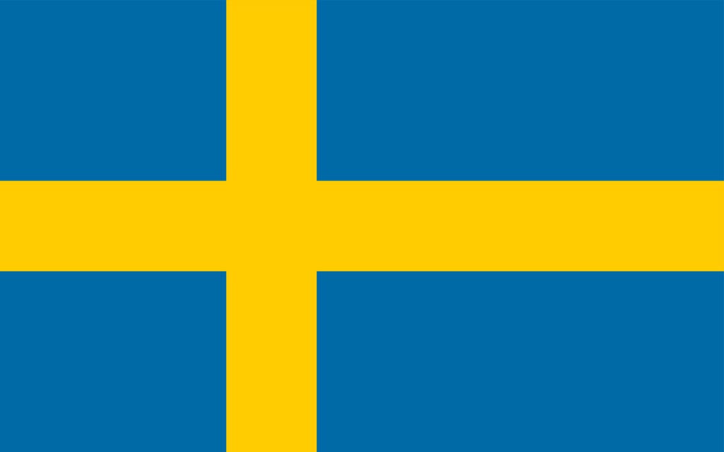 The flag of sweden, featuring a blue field with a yellow or gold scandinavian cross that extends to the edges of the flag.