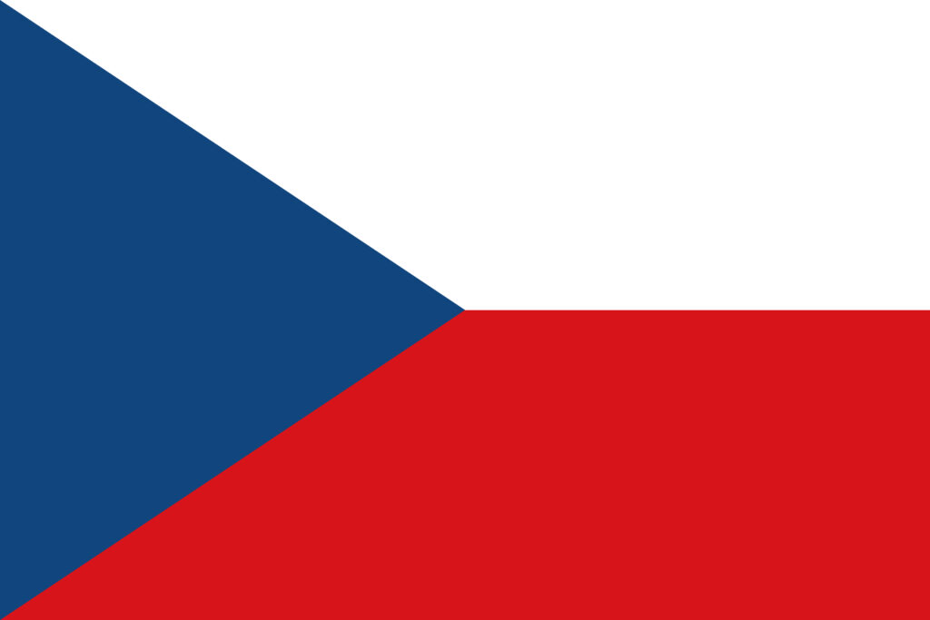 A graphic illustration of the czech flag, consisting of two horizontal bands in white and red with a blue triangle extending from the hoist side.