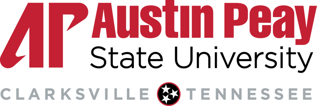 The image displays the logo of austin peay state university with bold red and black lettering, featuring a stylized "ap" emblem and the university's name. below the name, it indicates the institution's location in clarksville, tennessee, along with a small emblem of the state of tennessee with a star marking the city's location.