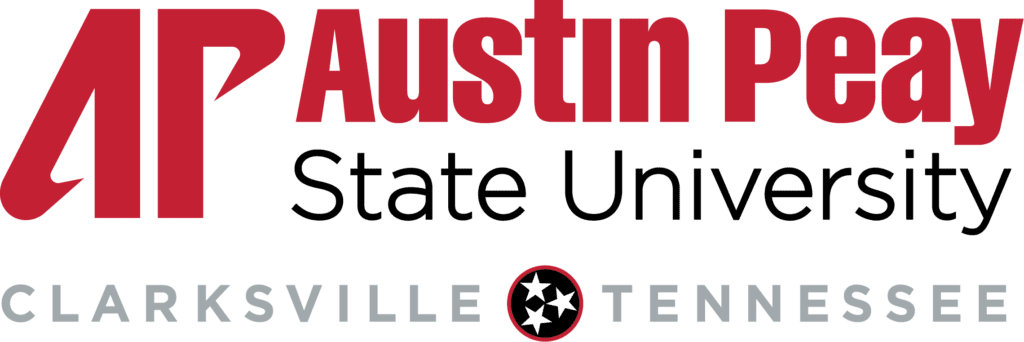 The image displays the logo of austin peay state university with bold red and black lettering, featuring a stylized "ap" emblem and the university's name. below the name, it indicates the institution's location in clarksville, tennessee, along with a small emblem of the state of tennessee with a star marking the city's location.