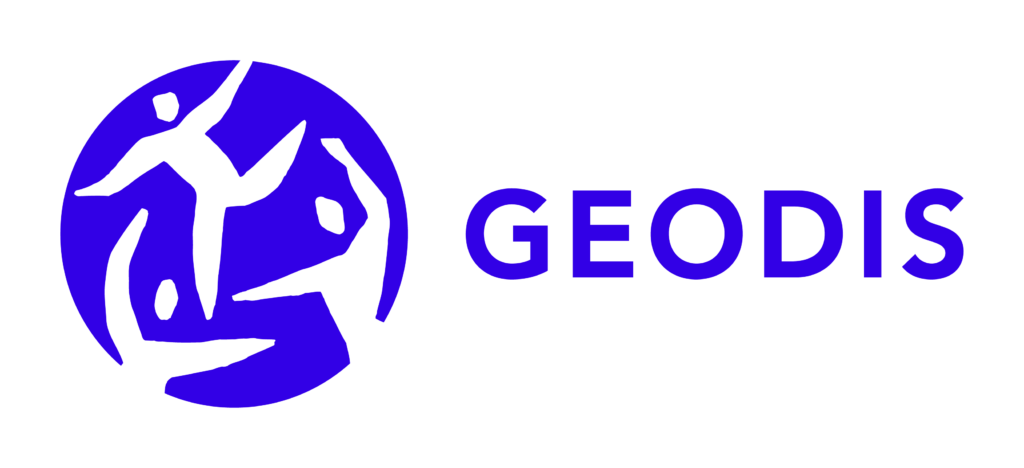The image displays the logo of geodis, which consists of an abstract representation of the globe with stylized routes or connections, accompanied by the brand name "geodis" in bold, uppercase letters. the entire logo is in a shade of blue.