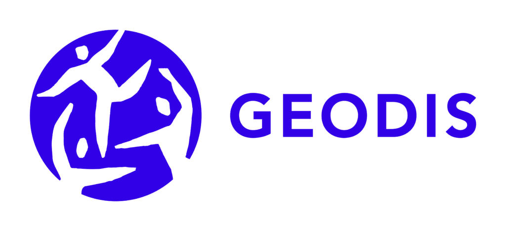 The image displays the logo of geodis, which consists of an abstract representation of the globe with stylized routes or connections, accompanied by the brand name "geodis" in bold, uppercase letters. the entire logo is in a shade of blue.