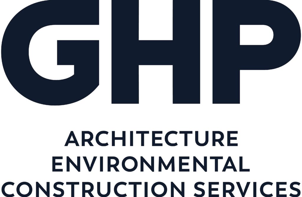 The image depicts a logo with the initials "ghp" in large, bold letters, followed by the words "architecture environmental construction services" underneath, indicating a company that specializes in architectural design, environmental planning, and construction services.