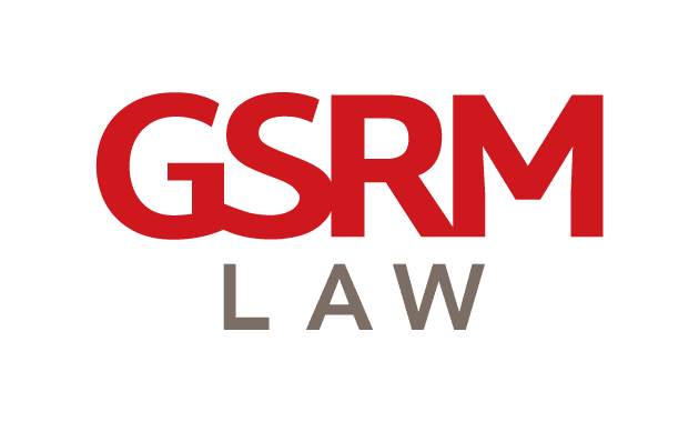 The image depicts the logo for "gsrm law," which is predominantly text-based, featuring the acronym "gsrm" in bold, red, uppercase letters, followed by the word "law" in grey, capitalized font. the design is straightforward, suggesting a professional and legal entity.