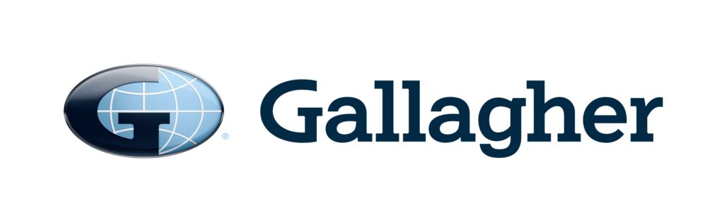 The image displays the logo for gallagher, which features a circular emblem with a 'g' intersecting with a stylized globe design, accompanied by the word "gallagher" in a bold blue font.