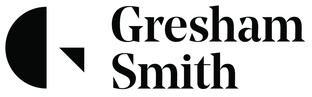 Logo of gresham smith, featuring a bold typeface and a graphic element that resembles a 'g' or a semi-circular shape to the left of the text.