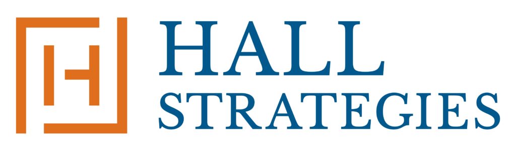 Corporate logo for "hall strategies" featuring stylized, interconnected letters "h" and "s" in orange, adjacent to the company name in blue block lettering.