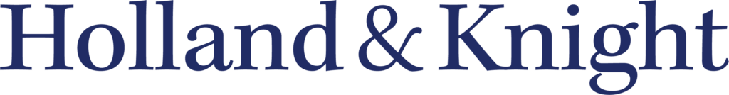 Blue text logo of "holland & knight" in a serif font.