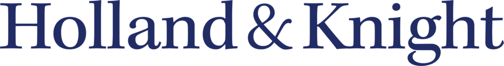 Blue text logo of "holland & knight" in a serif font.