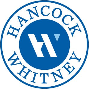 A circular blue and white logo for hancock whitney with a prominent "h" in the center.