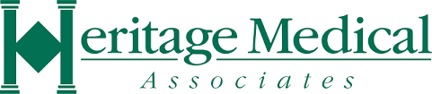 Logo of heritage medical associates featuring a stylized green 'h' next to the company name in green and black font.