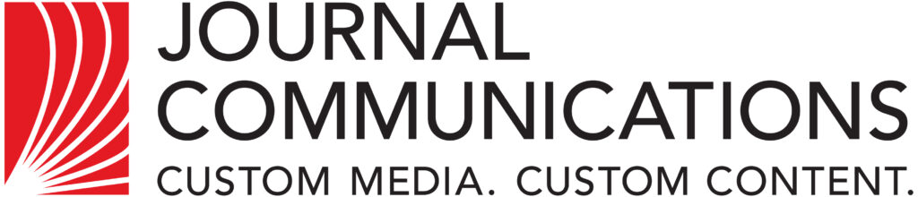 The image displays the logo for journal communications, featuring stylized red stripes forming part of a 'j' and the words "custom media. custom content." in black, indicating their focus on personalized media and content solutions.