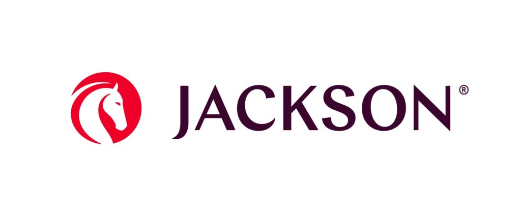 The image displays the logo for "jackson," which consists of stylized text next to a graphic that features a red silhouette resembling a horse's head and mane within a circular shape.