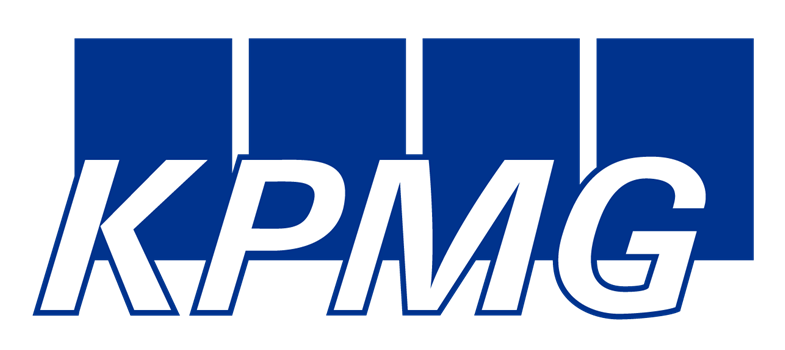 The image shows the logo of kpmg, which is known for being one of the big four accounting organizations. the logo consists of the acronym "kpmg" in bold blue block letters.