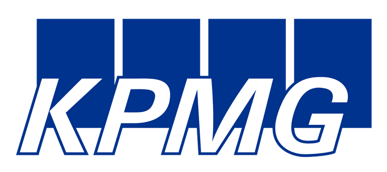 The image shows the logo of kpmg, which is known for being one of the big four accounting organizations. the logo consists of the acronym "kpmg" in bold blue block letters.