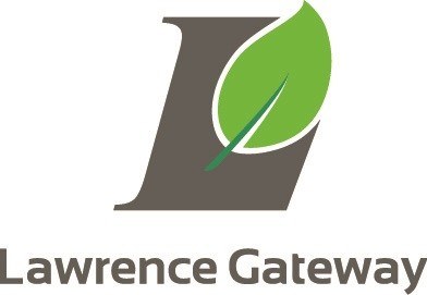 Logo of lawrence gateway, featuring a stylized letter "l" with a green leaf motif.